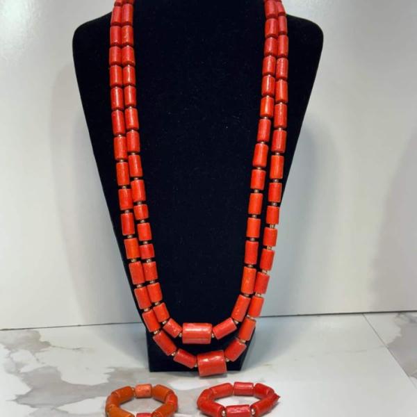 Men's Red Coral Bead Necklace Bracelet Set | Nigerian Wedding Jewelry