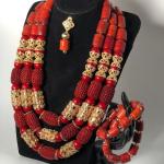 Nigerian Coral Bead Jewelry Set: African Wedding Necklace, Bracelet & Earrings